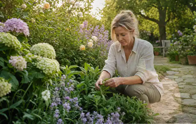 Person pflegt üppige Pflanzen in einem natürlich beleuchteten Garten; Thema Geranien, Schwerpunkt Pflanzenschutz; Praxisalltag.
