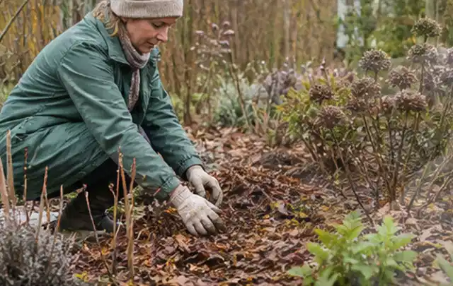 Person verteilt eine schützende Mulchschicht zwischen winterlichen Stauden; Thema Geranien, Schwerpunkt Pflanzpartner; Ergebnis.