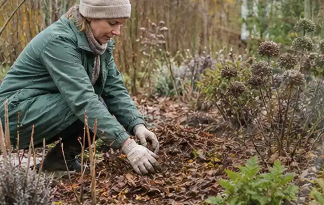 Person verteilt eine schützende Mulchschicht zwischen winterlichen Stauden; Thema Geranien, Schwerpunkt Standort; Ergebnis.