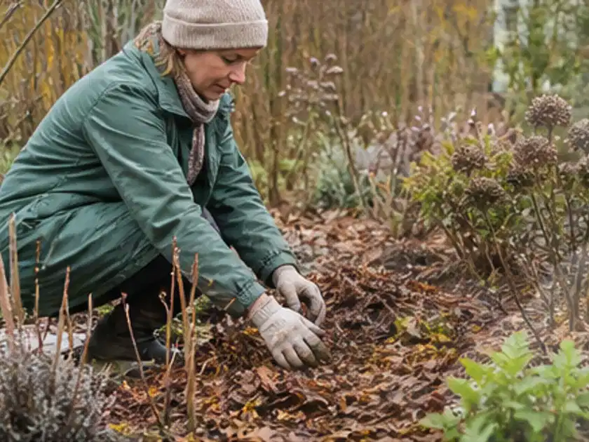 Person verteilt eine schützende Mulchschicht zwischen winterlichen Stauden; Thema Geranien, Schwerpunkt Wachstum; Titelbild.