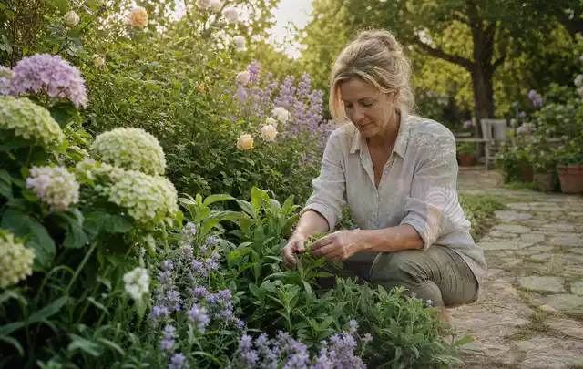 Person pflegt üppige Pflanzen in einem natürlich beleuchteten Garten; Thema Geranien, Schwerpunkt Wachstum; Ergebnis.
