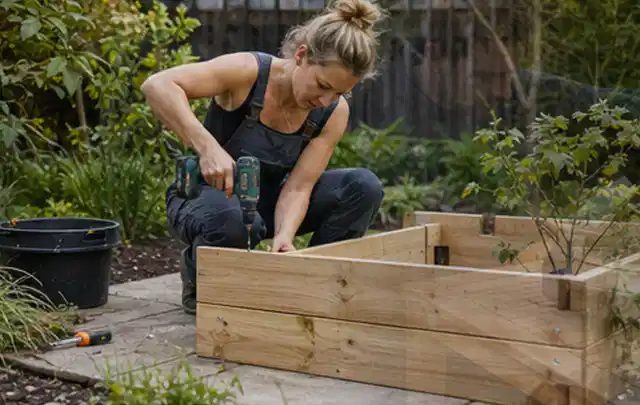 Person montiert ein massives Hochbeet aus unbehandeltem Holz im Garten; Thema Gewächshäuser, Schwerpunkt Gartenhäuser Bauen; Ausgangslage.