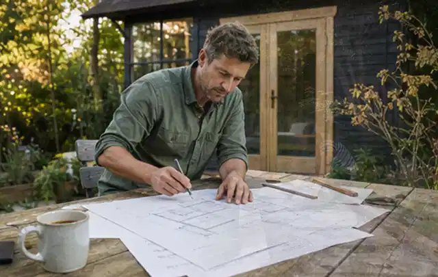 Person prüft Bauzeichnungen an einem Gartentisch vor einem kleinen Gartenhaus; Thema Gewächshäuser, Schwerpunkt Gartenhäuser Bauen; Umsetzung.