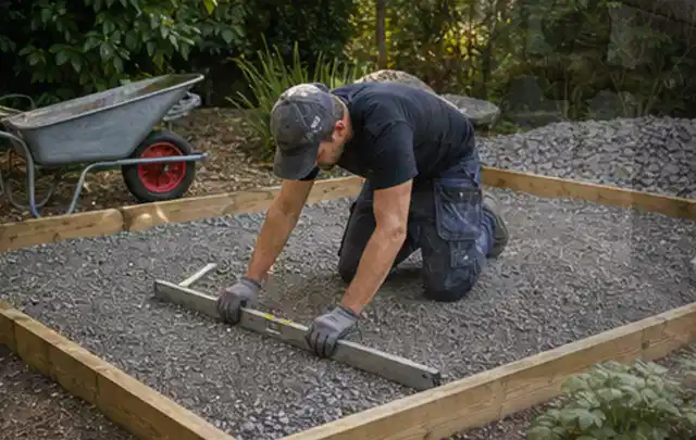 Person richtet eine verdichtete Kiesfläche mit Wasserwaage und Abziehlatte aus; Thema Gewächshäuser, Schwerpunkt Gartenhäuser Bauen; Kontrolle.