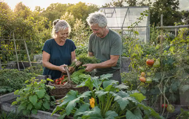 Zwei Personen ernten gemeinsam Gemüse in einem sonnigen Nutzgarten; Thema Gewächshaus Belüftung, Schwerpunkt Aufbau; Ergebnis.