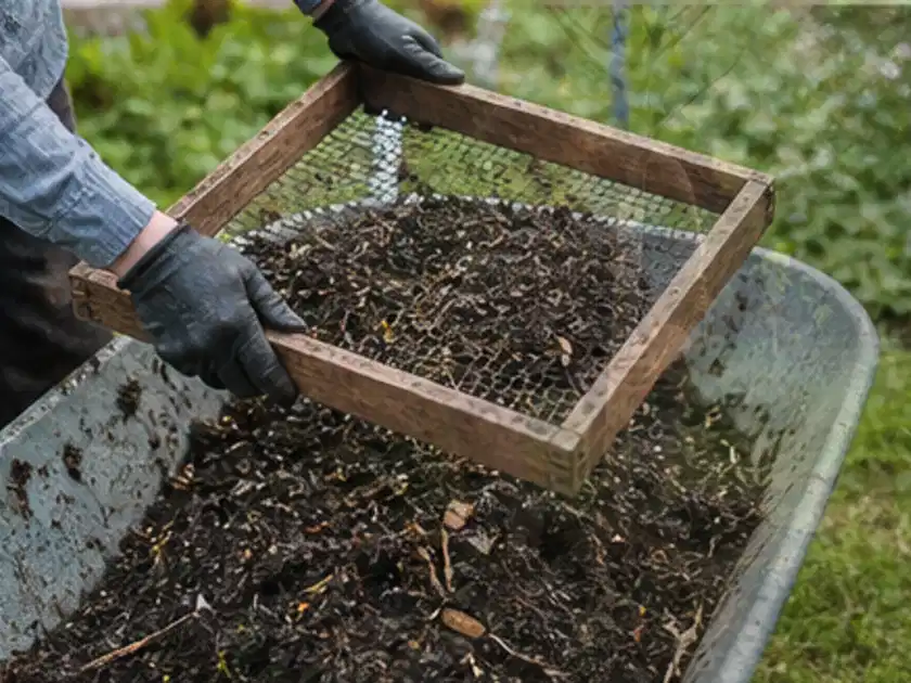Behandschuhte Hände sieben reifen Kompost über einer Gartenschubkarre; Thema Gewächshaus Belüftung, Schwerpunkt Nachhaltigkeit; Titelbild.