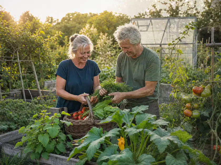 Zwei Personen ernten gemeinsam Gemüse in einem sonnigen Nutzgarten; Thema Gewächshaus Belüftung, Schwerpunkt Planung; Titelbild.