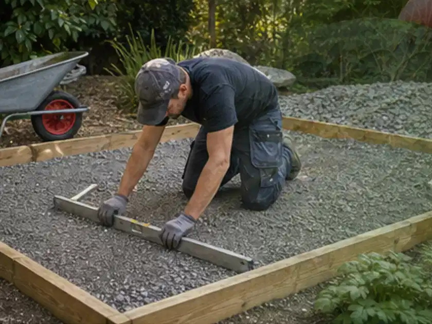 Person richtet eine verdichtete Kiesfläche mit Wasserwaage und Abziehlatte aus; Thema Gewächshaus Fundament, Schwerpunkt Checkliste; Titelbild.