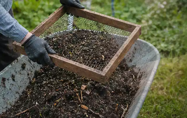 Behandschuhte Hände sieben reifen Kompost über einer Gartenschubkarre; Thema Gewächshaus Fundament, Schwerpunkt Dimensionierung; Umsetzung.