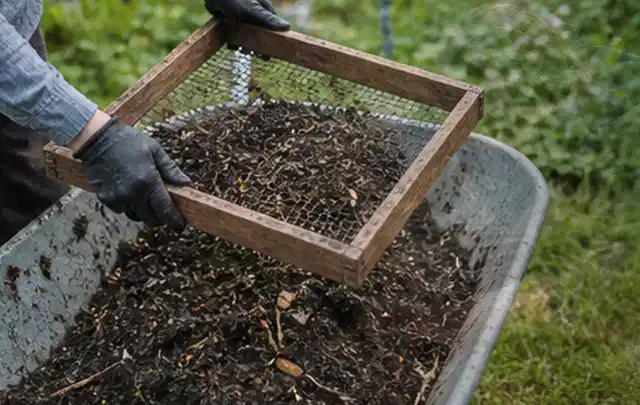 Behandschuhte Hände sieben reifen Kompost über einer Gartenschubkarre; Thema Gewächshaus Fundament, Schwerpunkt Kosten; Praxisalltag.