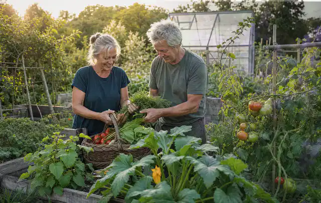 Zwei Personen ernten gemeinsam Gemüse in einem sonnigen Nutzgarten; Thema Gewächshaus Heizung, Schwerpunkt Materialwahl; Ausgangslage.