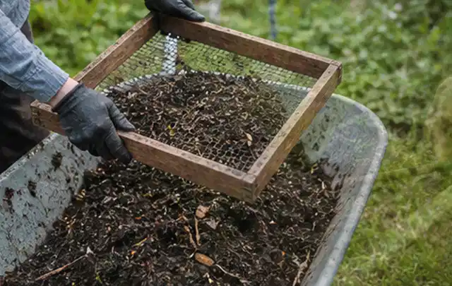 Behandschuhte Hände sieben reifen Kompost über einer Gartenschubkarre; Thema Gewächshaus Heizung, Schwerpunkt Nachhaltigkeit; Ergebnis.
