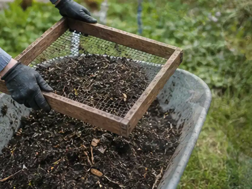 Behandschuhte Hände sieben reifen Kompost über einer Gartenschubkarre; Thema Gewächshaus Heizung, Schwerpunkt Planung; Titelbild.