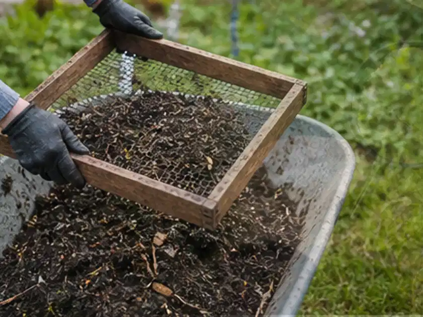Behandschuhte Hände sieben reifen Kompost über einer Gartenschubkarre; Thema Gewächshaus im Winter, Schwerpunkt Checkliste; Titelbild.
