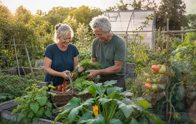 Zwei Personen ernten gemeinsam Gemüse in einem sonnigen Nutzgarten; Thema Gewächshaus im Winter, Schwerpunkt Gewächshaus; Ausgangslage.
