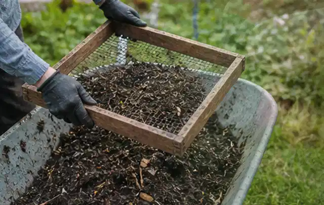 Behandschuhte Hände sieben reifen Kompost über einer Gartenschubkarre; Thema Gewächshaus im Winter, Schwerpunkt Gewächshaus; Kontrolle.