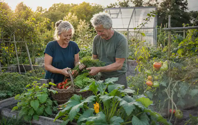 Zwei Personen ernten gemeinsam Gemüse in einem sonnigen Nutzgarten; Thema Glasgewächshaus, Schwerpunkt Baurecht; Kontrolle.