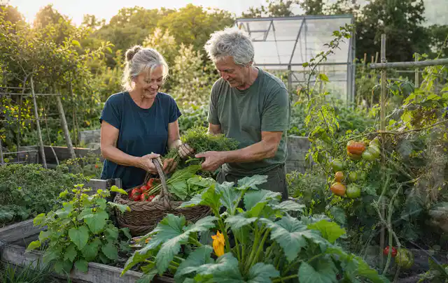 Zwei Personen ernten gemeinsam Gemüse in einem sonnigen Nutzgarten; Thema Glasgewächshaus, Schwerpunkt DIY; Umsetzung.
