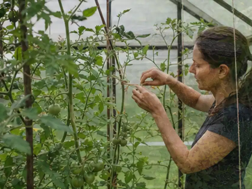 Person bindet junge Tomatentriebe in einem privaten Gewächshaus vorsichtig an; Thema Glasgewächshaus, Schwerpunkt Fehlerhilfe; Titelbild.