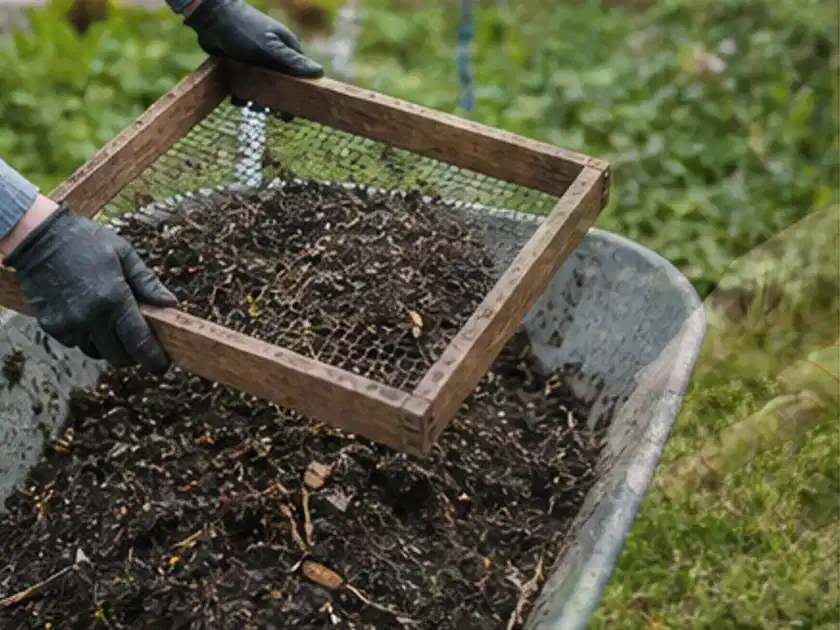 Behandschuhte Hände sieben reifen Kompost über einer Gartenschubkarre; Thema Glasgewächshaus, Schwerpunkt Planung; Titelbild.