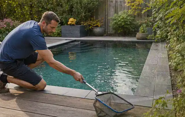 Person entfernt Blätter mit einem Kescher aus einem kleinen Gartenpool; Thema Grills, Schwerpunkt Outdoor Freizeit; Ausgangslage.