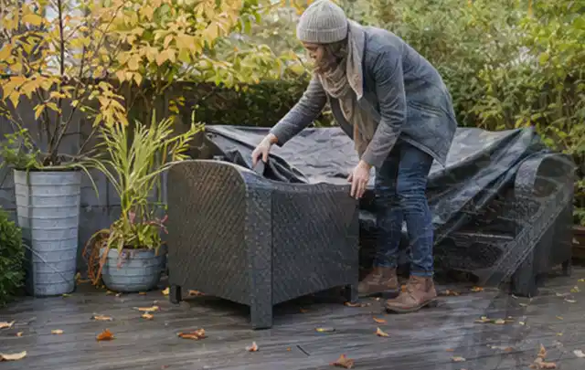 Person deckt Gartenmöbel vor der kalten Jahreszeit sorgfältig ab; Thema Grills, Schwerpunkt Outdoor Freizeit; Umsetzung.