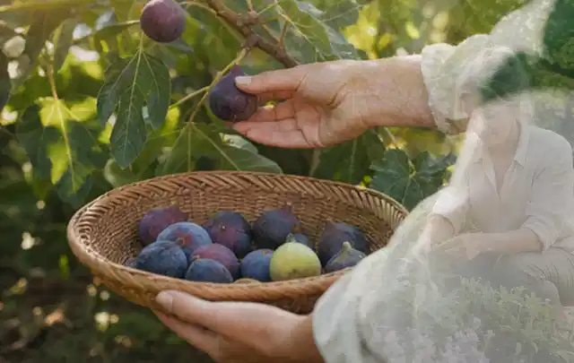 Hand pflückt eine reife Feige über einem flachen Korb mit Früchten; Thema Gurken, Schwerpunkt Ernte; Umsetzung.