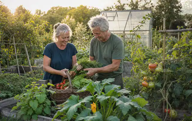 Zwei Personen ernten gemeinsam Gemüse in einem sonnigen Nutzgarten; Thema Gurken, Schwerpunkt Ernteprobleme; Ausgangslage.