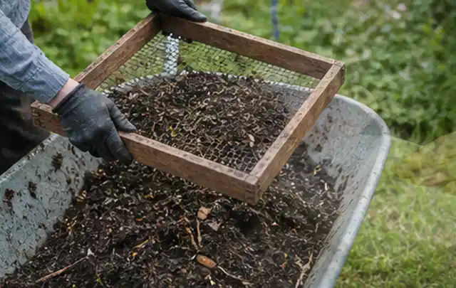 Behandschuhte Hände sieben reifen Kompost über einer Gartenschubkarre; Thema Gurken, Schwerpunkt Hochbeet; Praxisalltag.