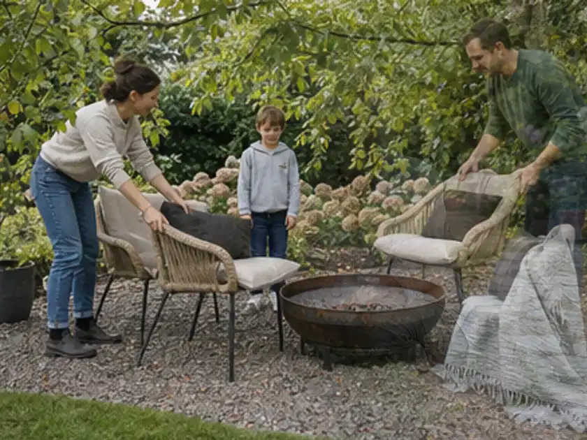 Familie stellt wetterfeste Sessel an einem geschützten Sitzplatz im Garten auf; Thema Hanggarten, Schwerpunkt Anleitung; Titelbild.