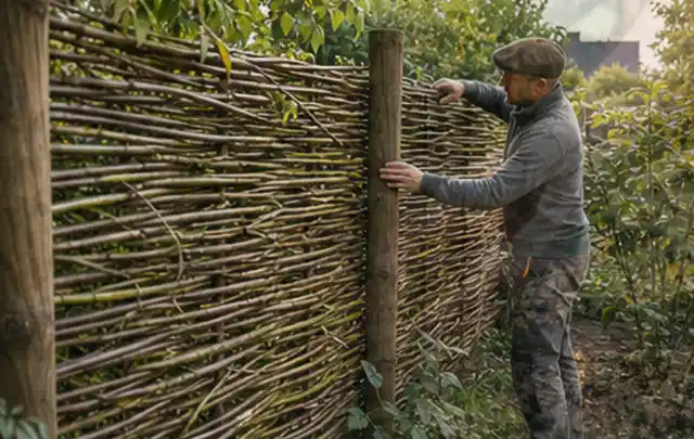 Person befestigt geflochtene Weidenruten an stabilen Holzpfosten im Garten; Thema Hanggarten, Schwerpunkt Anleitung; Ergebnis.