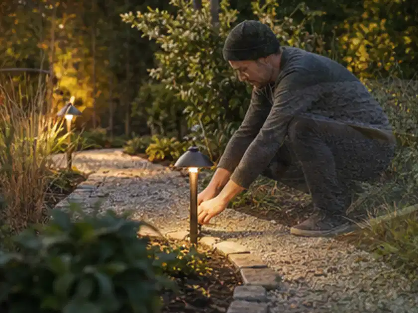 Person richtet eine niedrige warm leuchtende Gartenlampe am Kiesweg aus; Thema Hanggarten, Schwerpunkt Beleuchtung; Titelbild.
