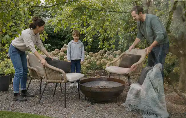 Familie stellt wetterfeste Sessel an einem geschützten Sitzplatz im Garten auf; Thema Hanggarten, Schwerpunkt Beleuchtung; Umsetzung.