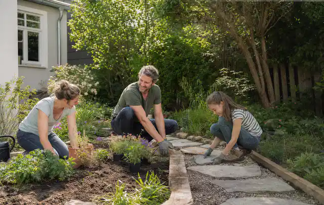 Familie geht auf einem Weg durch einen abwechslungsreich gestalteten Garten; Thema Hanggarten, Schwerpunkt Beleuchtung; Kontrolle.