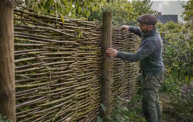 Person befestigt geflochtene Weidenruten an stabilen Holzpfosten im Garten; Thema Hanggarten, Schwerpunkt Beleuchtung; Ergebnis.