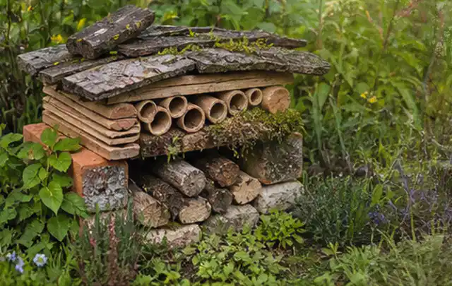 Naturnaher Unterschlupf aus Holz Rinde und Pflanzenstängeln im Garten; Thema Hanggarten, Schwerpunkt Beleuchtung; Praxisalltag.