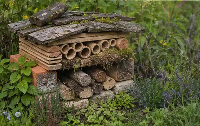 Naturnaher Unterschlupf aus Holz Rinde und Pflanzenstängeln im Garten; Thema Hanggarten, Schwerpunkt Bepflanzung; Ausgangslage.