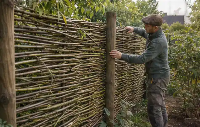 Person befestigt geflochtene Weidenruten an stabilen Holzpfosten im Garten; Thema Hanggarten, Schwerpunkt Bepflanzung; Ergebnis.