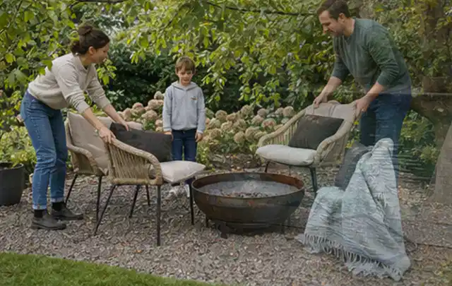 Familie stellt wetterfeste Sessel an einem geschützten Sitzplatz im Garten auf; Thema Hanggarten, Schwerpunkt Bepflanzung; Praxisalltag.