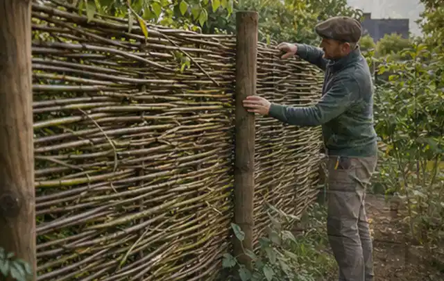 Person befestigt geflochtene Weidenruten an stabilen Holzpfosten im Garten; Thema Hanggarten, Schwerpunkt Checkliste; Ausgangslage.