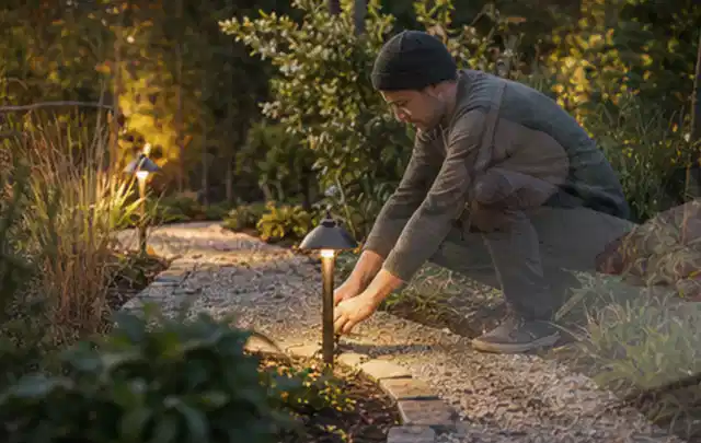 Person richtet eine niedrige warm leuchtende Gartenlampe am Kiesweg aus; Thema Hanggarten, Schwerpunkt Checkliste; Umsetzung.