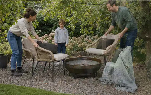 Familie stellt wetterfeste Sessel an einem geschützten Sitzplatz im Garten auf; Thema Hanggarten, Schwerpunkt Checkliste; Ergebnis.