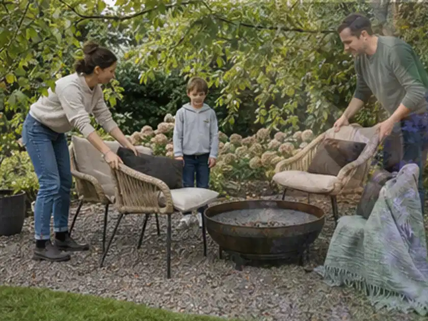 Familie stellt wetterfeste Sessel an einem geschützten Sitzplatz im Garten auf; Thema Hanggarten, Schwerpunkt Fehlerhilfe; Titelbild.