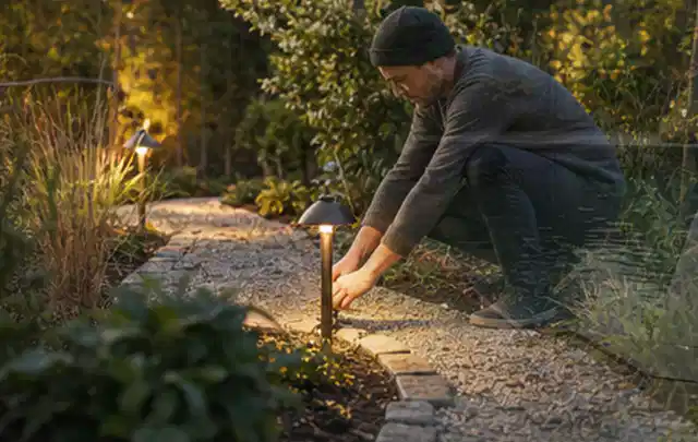 Person richtet eine niedrige warm leuchtende Gartenlampe am Kiesweg aus; Thema Hanggarten, Schwerpunkt Fehlerhilfe; Umsetzung.