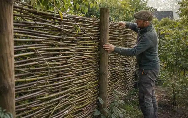 Person befestigt geflochtene Weidenruten an stabilen Holzpfosten im Garten; Thema Hanggarten, Schwerpunkt Fehlerhilfe; Kontrolle.