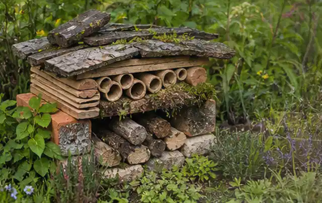 Naturnaher Unterschlupf aus Holz Rinde und Pflanzenstängeln im Garten; Thema Hanggarten, Schwerpunkt Fehlerhilfe; Praxisalltag.