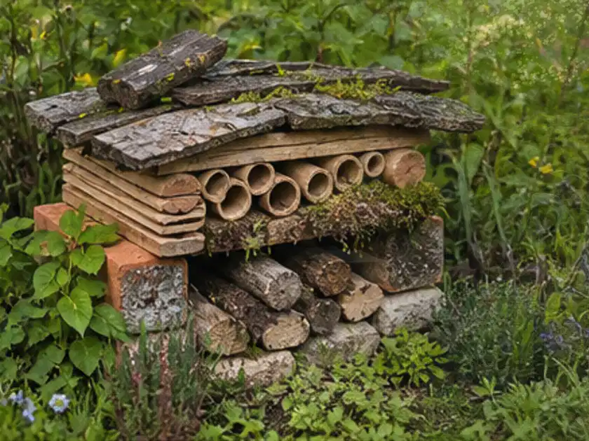 Naturnaher Unterschlupf aus Holz Rinde und Pflanzenstängeln im Garten; Thema Hanggarten, Schwerpunkt Gärten mit kleiner Fläche; Titelbild.