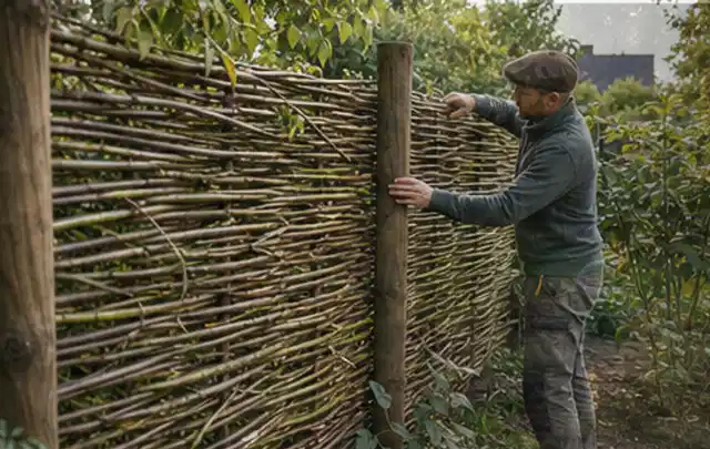 Person befestigt geflochtene Weidenruten an stabilen Holzpfosten im Garten; Thema Hanggarten, Schwerpunkt Gärten mit kleiner Fläche; Ergebnis.