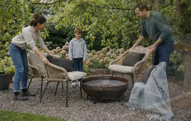 Familie stellt wetterfeste Sessel an einem geschützten Sitzplatz im Garten auf; Thema Hanggarten, Schwerpunkt Garten gestalten; Kontrolle.