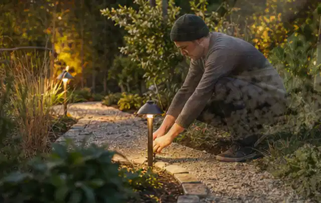 Person richtet eine niedrige warm leuchtende Gartenlampe am Kiesweg aus; Thema Hanggarten, Schwerpunkt Garten gestalten; Ergebnis.